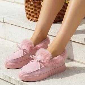Bow Top Plush Faux Fur Loafers Slip-On Moccasin Soft Flat Outdoor House Shoes